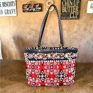 Isabella Fiore Beaded Cloth w Leather Trim Black Red Shoulder Bag